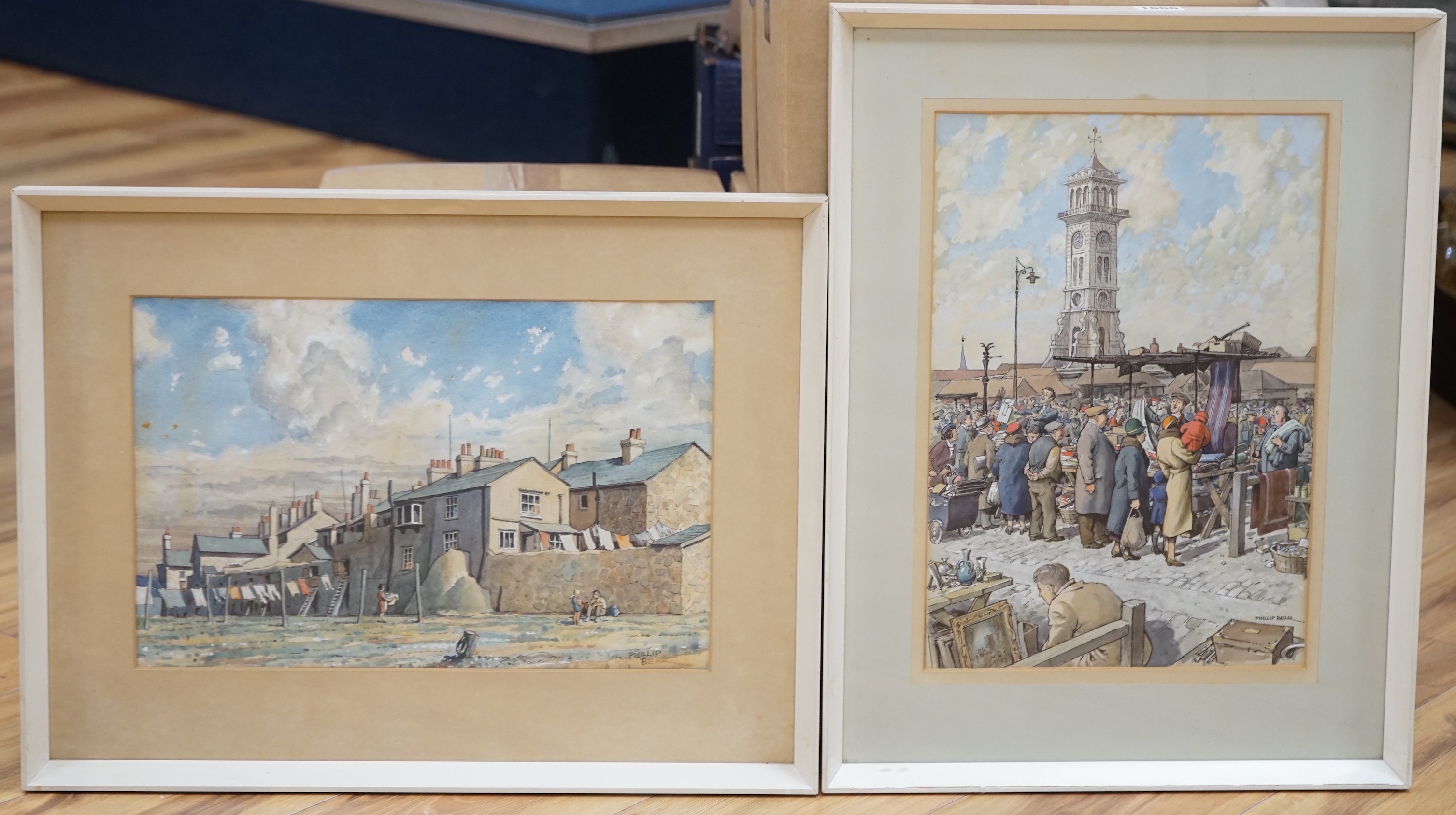 Philip Bear (b.1932), two watercolours, The Old Caledonian Market and Figures beside cottages, signed, 38 x 26cm and 25 x 38cm